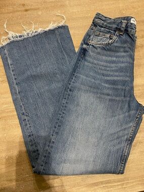 Zara Medium Blue Frayed Hem Wide-Leg Jeans